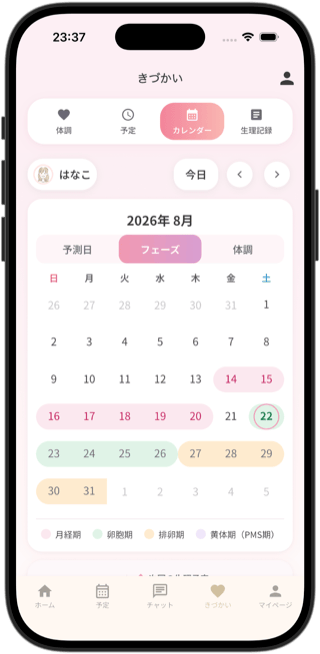 Towalyのきづかい画面。生理日と排卵予定日がカレンダーに色分けして表示されている